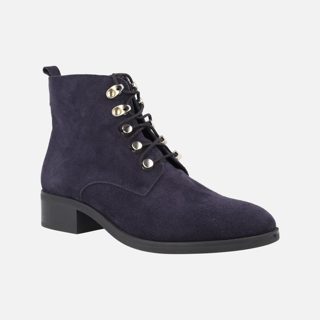 Lace -up booties in navy blue suede leather with side zipper