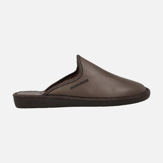 Brown leather men's house slippers