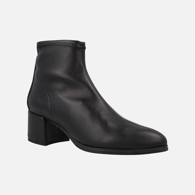 Elastic black ankle boots leather texture with low heel