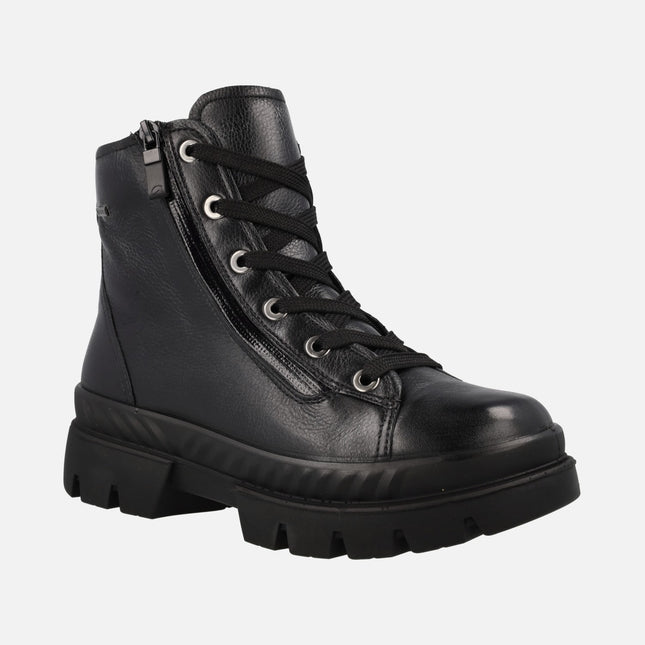 Black leather ankle boots with track sole and gore-tex membrane