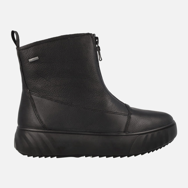 Black leather boots with front zip and gore-tex membrane for women