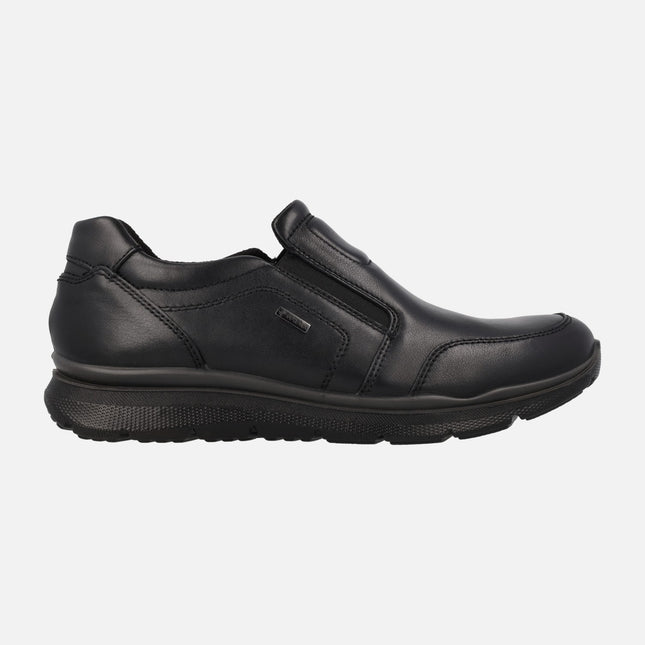 Black leather moccasins with elastic and gore-tex membrane for men