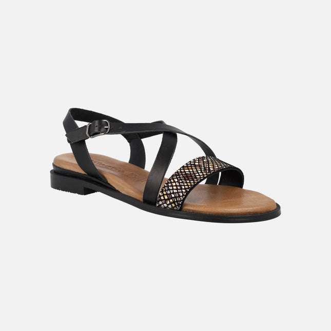 Flat Sandals in black leather with printed front strip