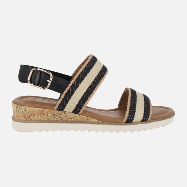 Striped sandals in striped fabric with cork wedge