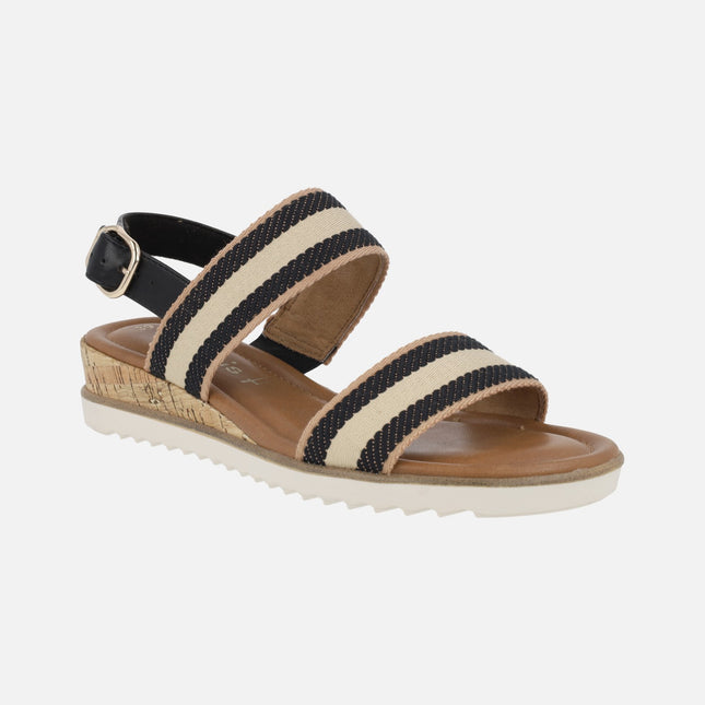 Striped sandals in striped fabric with cork wedge