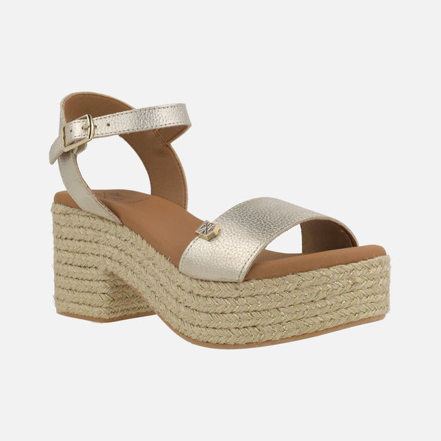 Leather sandals with platform and heel of raffia ABAKA GOLD