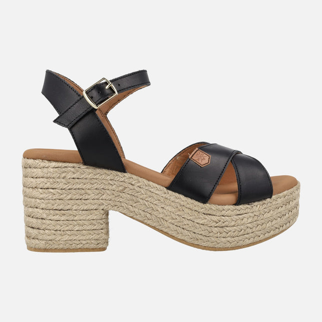 Clifton Sandals in black leather with jute heel and platform