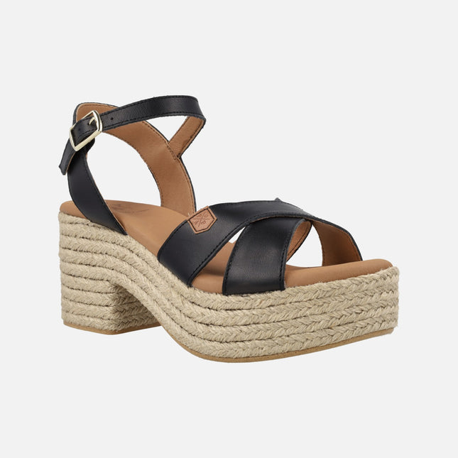 Clifton Sandals in black leather with jute heel and platform
