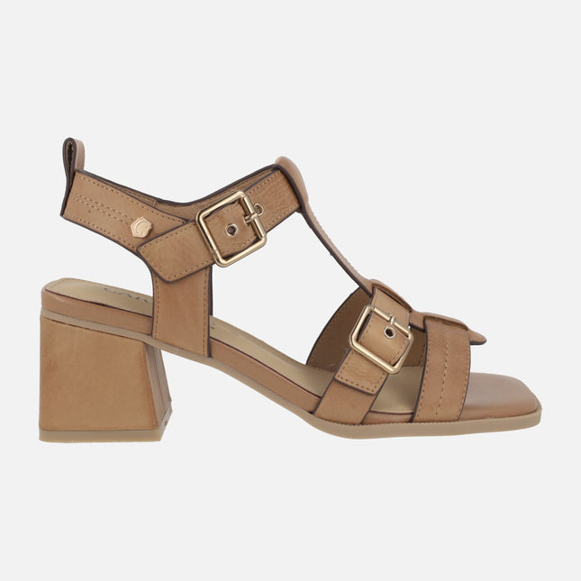 Camel leather sandals with heel and double buckles closure
