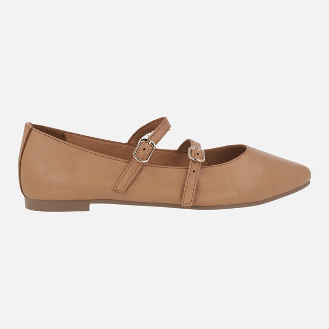 Camel leather mary jane shoes with double strip with buckles