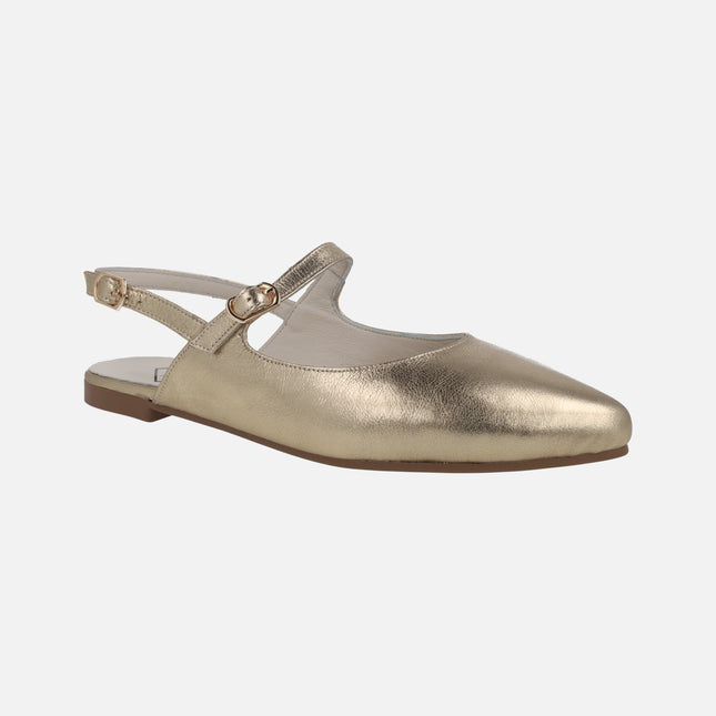 Gold Metallic Leather open heeled Ballerinas
