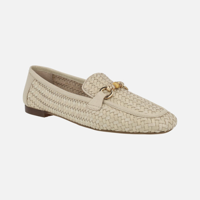 Braided leather moccasins in beige with ornament