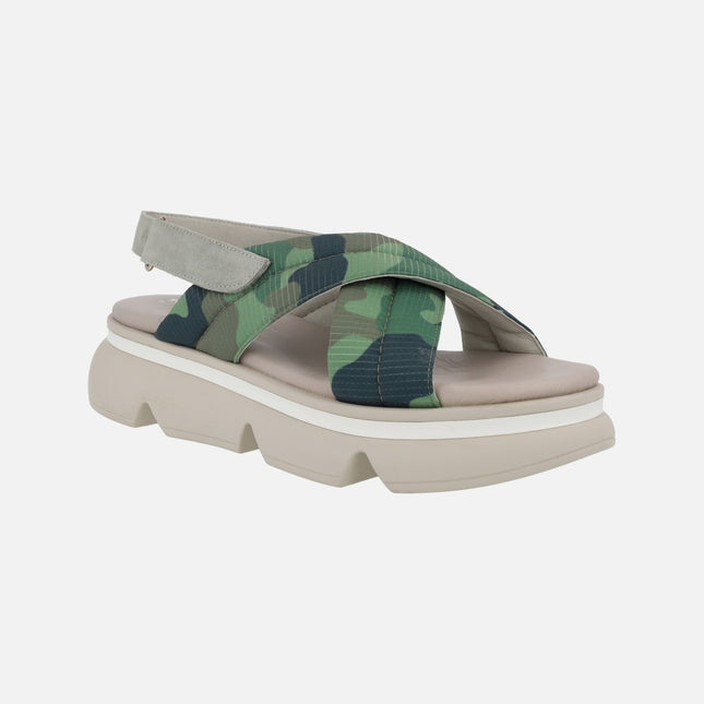 Jena green sandals in camouflage fabric with platform