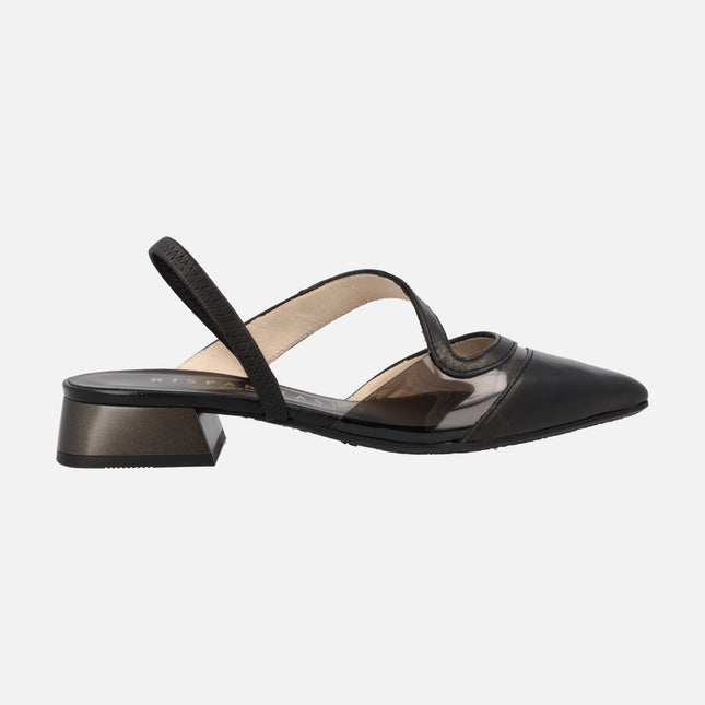 Low heeled ballerinas in leather and vinyl combination