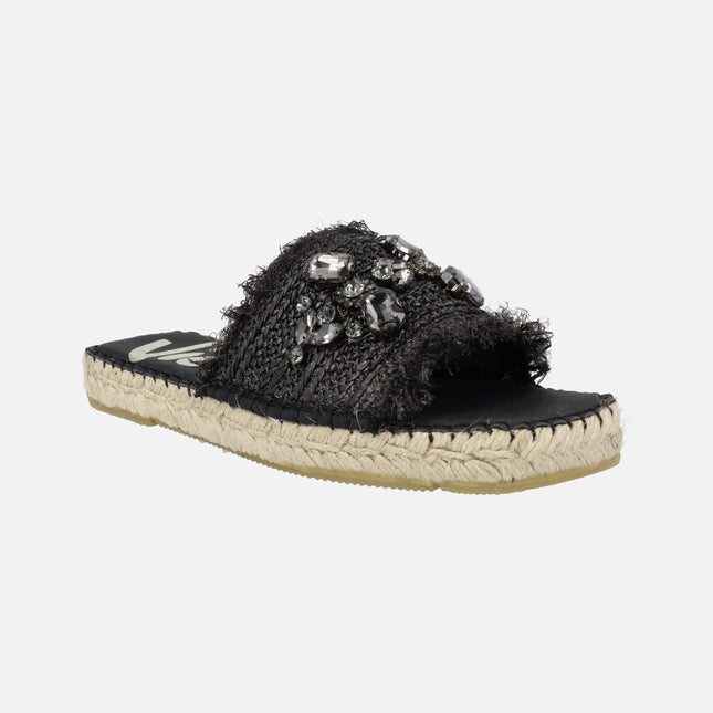 Black ESPADRILLES in raffia fabric with crystal detail