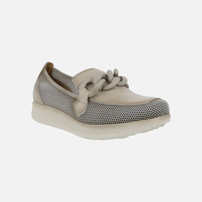 Moccasins combined in leather and grid frabic in taupe
