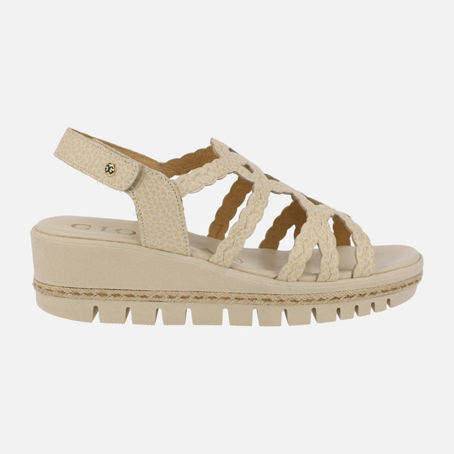 Beige leather sandals braided effect with velcro closure
