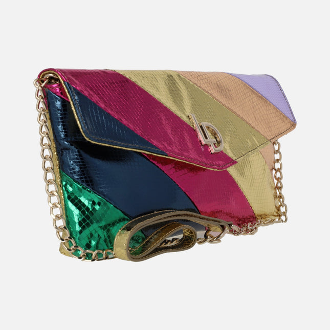 Bolsos estilo sobre con franjas multicolor y asa de cadena