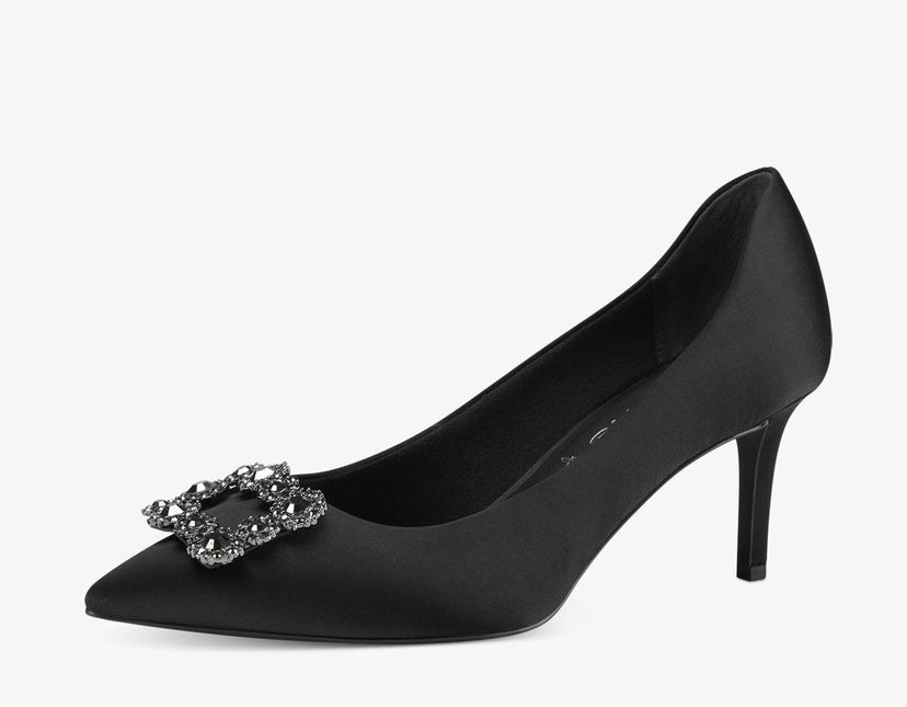 Zapatos corte salón en raso negro con adorno de pedrería