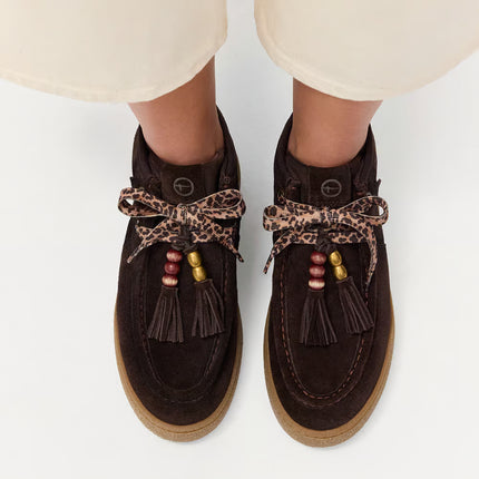 Women's lace-up ankle boots in suede leather with tassel and bead detail