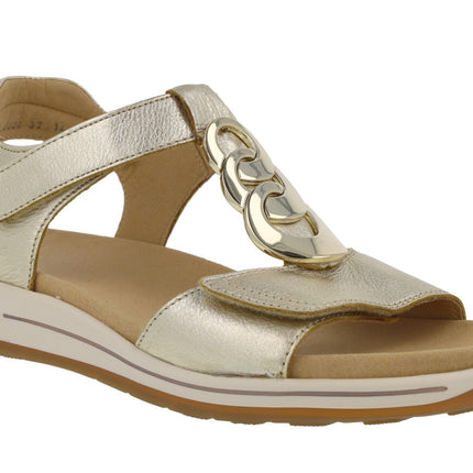 Leather sandals with velcros closure and metallic ornament
