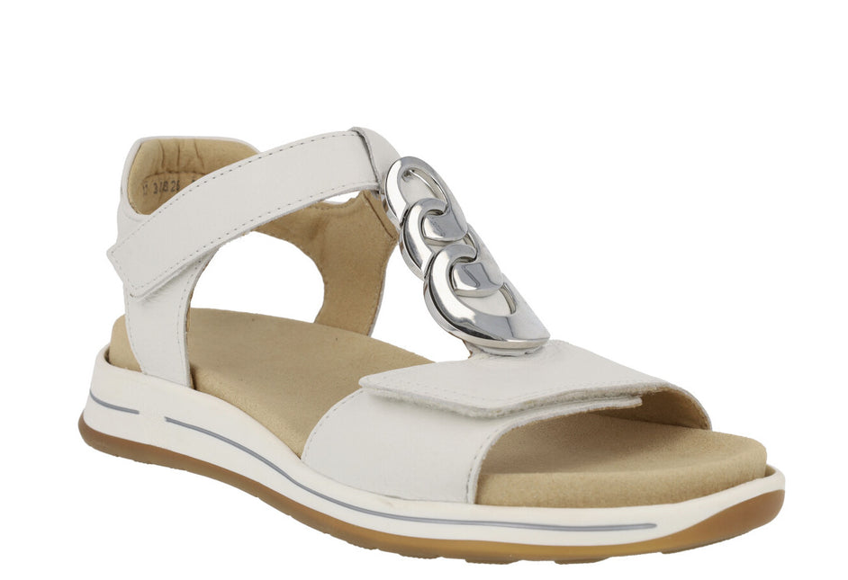 Leather sandals with velcros closure and metallic ornament