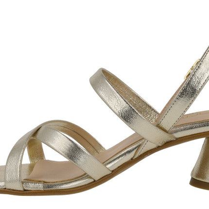 Leather sandals with strips and geometric heel
