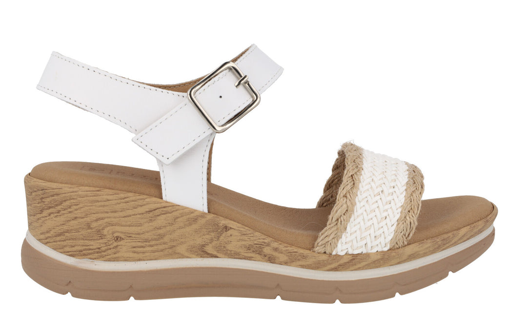 White leather sandals with combined strip of raffia