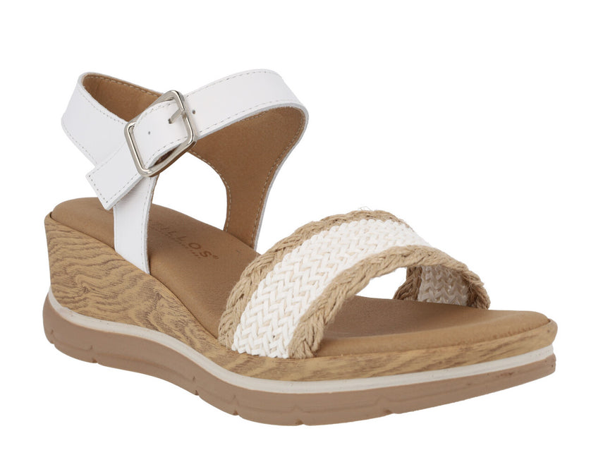 White leather sandals with combined strip of raffia