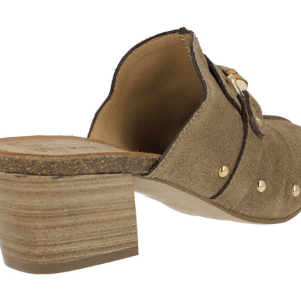 Leather color suede clogs with golden rivets