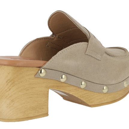 Suede clogs with mask ornament