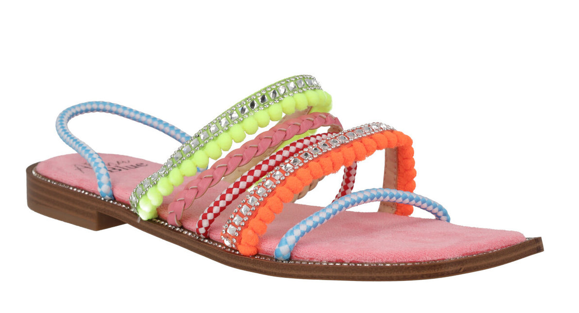 Multimaterial flat sandals with multicolored strips