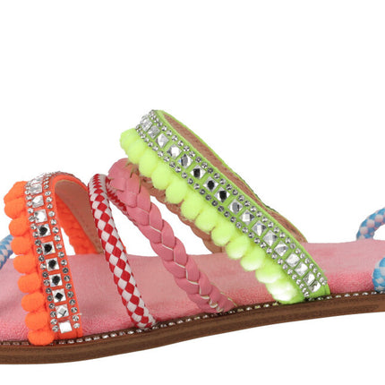 Multimaterial flat sandals with multicolored strips