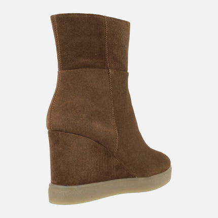 Elidea Wedge high wedged ankle boots in camel suede