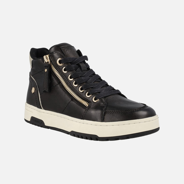 Black leather sneakers with laces and zipper