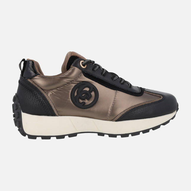 Taupe nylon metallic and black leather sneakers