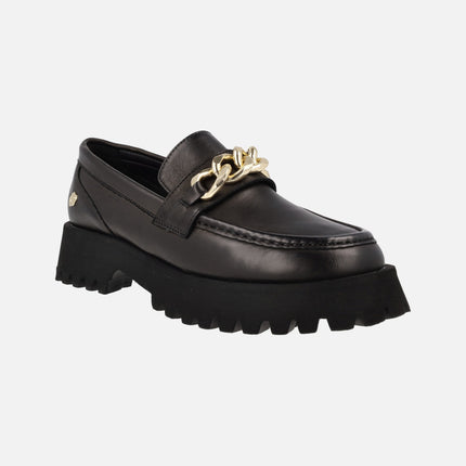 Black leather moccasins with gold chain detail and track sole for women