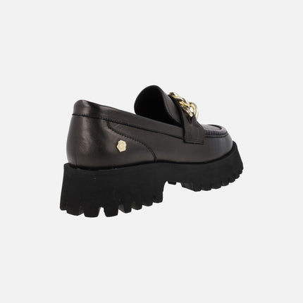 Black leather moccasins with gold chain detail and track sole for women