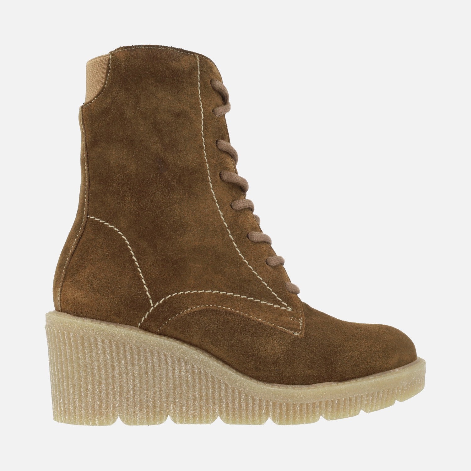 Lace-up booties in brown suede leather with high wedge