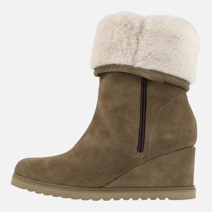 Taupe Suede wedged Booties with beige furry lining