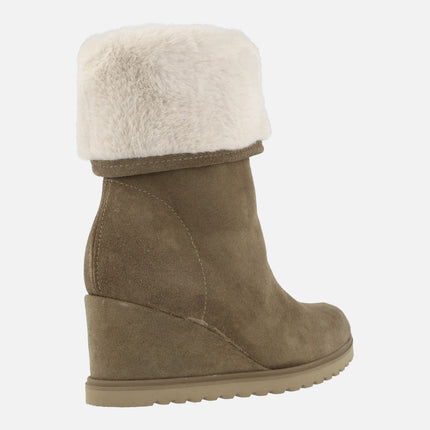 Taupe Suede wedged Booties with beige furry lining