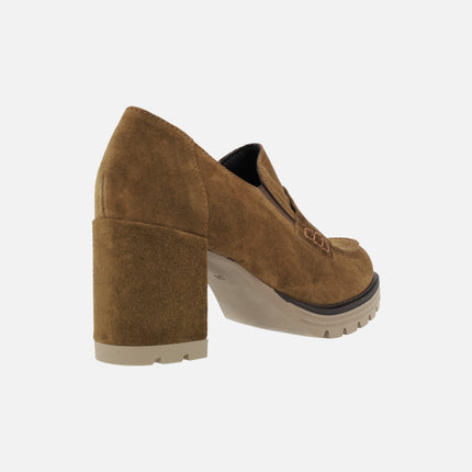 Heeled suede moccasins with mask and platform