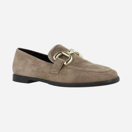 Low suede moccasins with metallic ornament for women