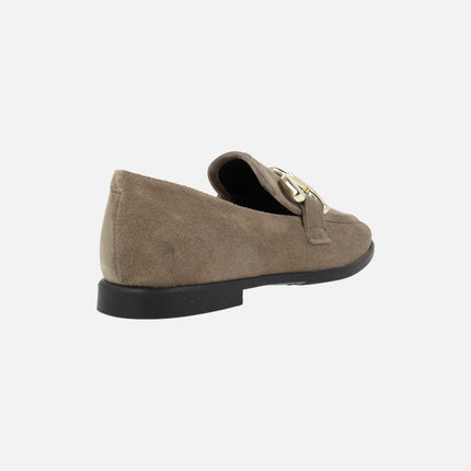Low suede moccasins with metallic ornament for women
