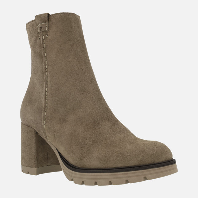 Taupe suede heeled boots with platform