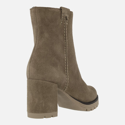 Taupe suede heeled boots with platform