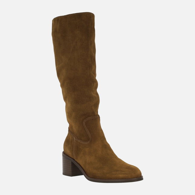 Women's High Boots in Brown Suede with Wide Heels