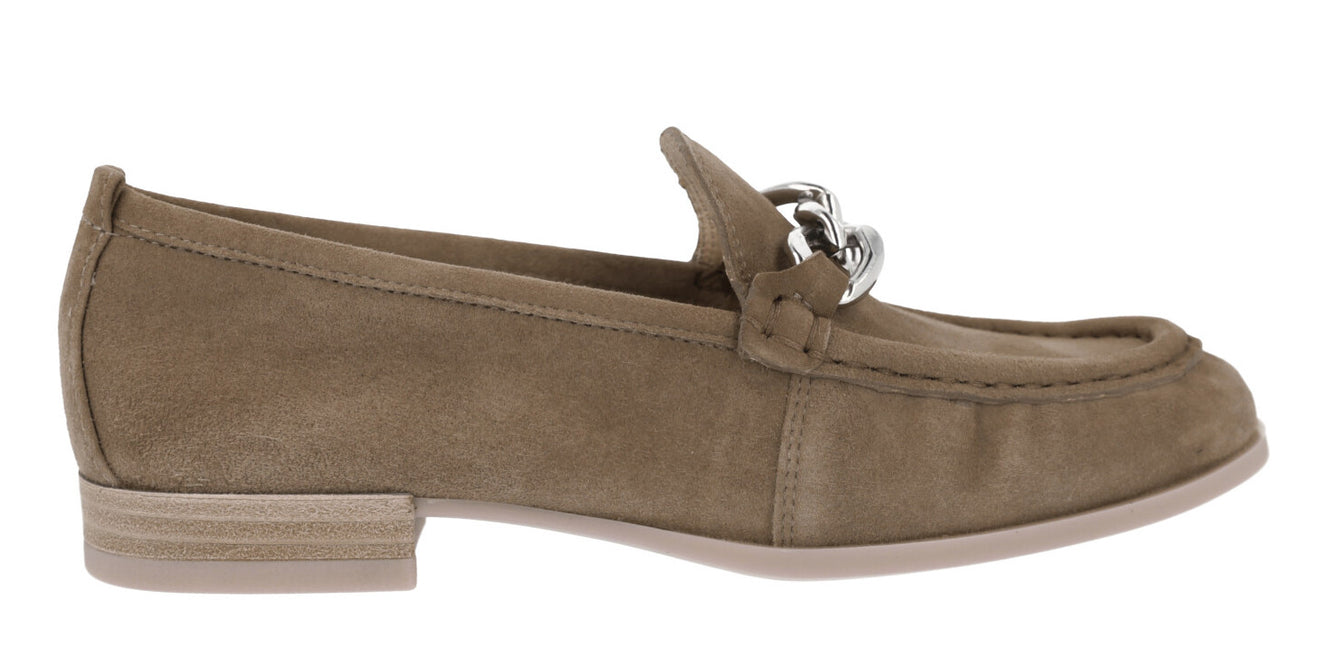 Unisa Dafoe Moccasins in Taupe Serraje with chain ornament