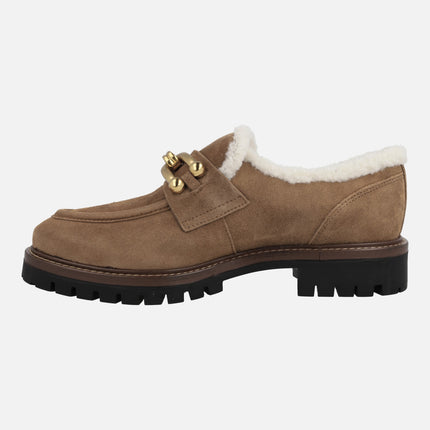 Camel suede Military moccasins with furry lining and metallic detail