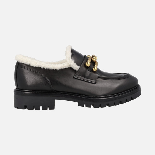 Militare black leather moccasins with furry lining and metallic detail